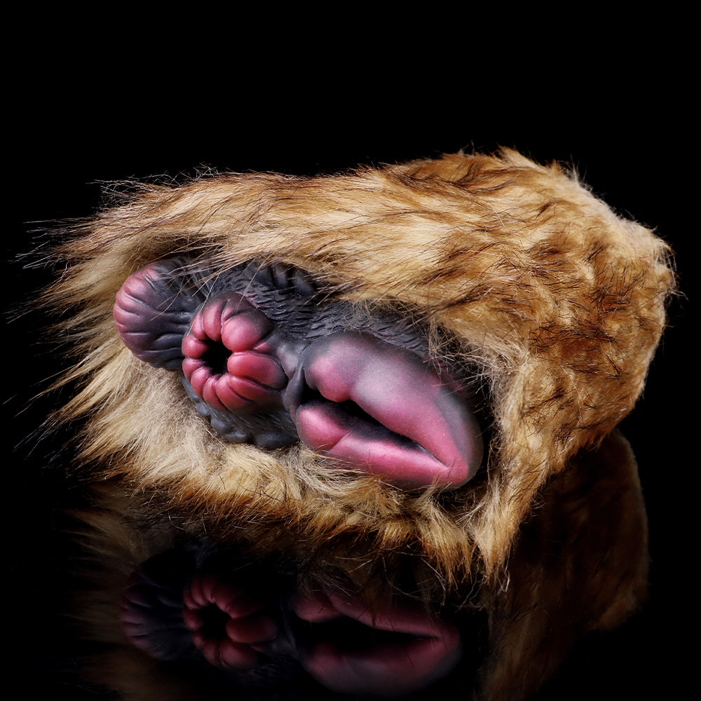 Furry plush stoker sleeve showing dual openings from the side, tan fur exterior