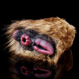 Furry plush stoker sleeve showing dual openings from the side, tan fur exterior