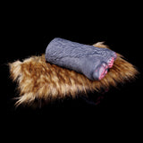 Furry plush stoker with dark textured insert and dual opening at one end