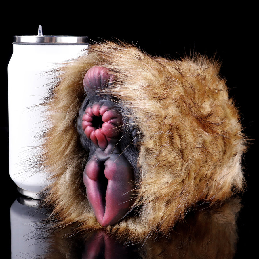 Furry plush stroker toy with brown fur cover and open end molded insert