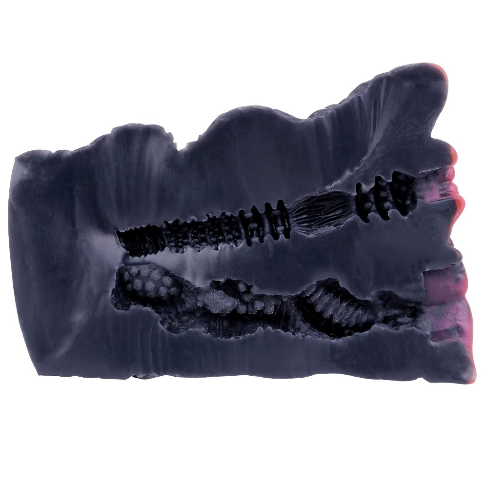 Furry plush fantasy stroker with dark navy textured inner nubs and ridges