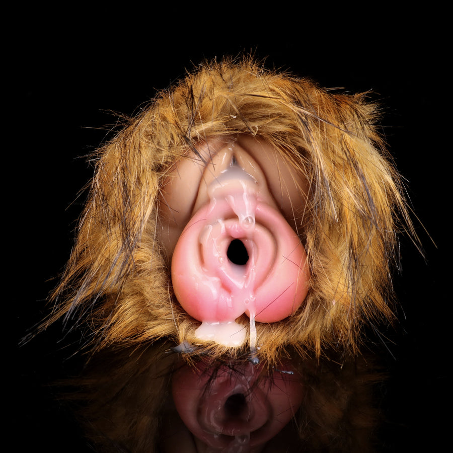 Furry two-hole adult pleasure toy, front view with pink openings