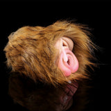Furry two-hole masturbator with visible pink inner openings