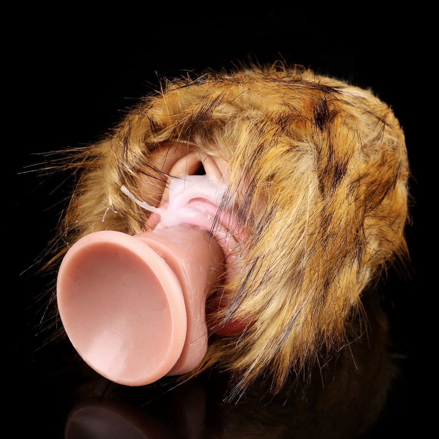 Furry two-hole pleasure masturbator in tan-brown plush, end view with open tip