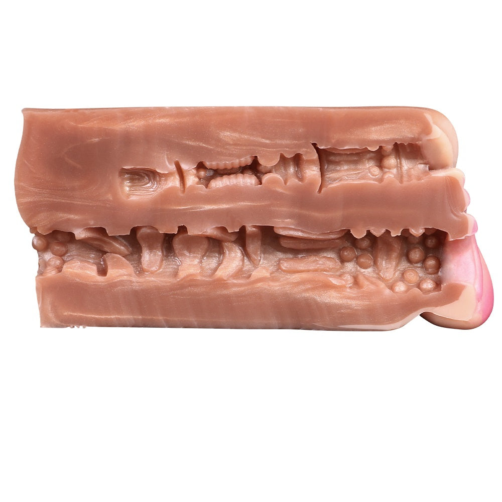 Cross-section view of a two-hole masturbator with textured pink openings