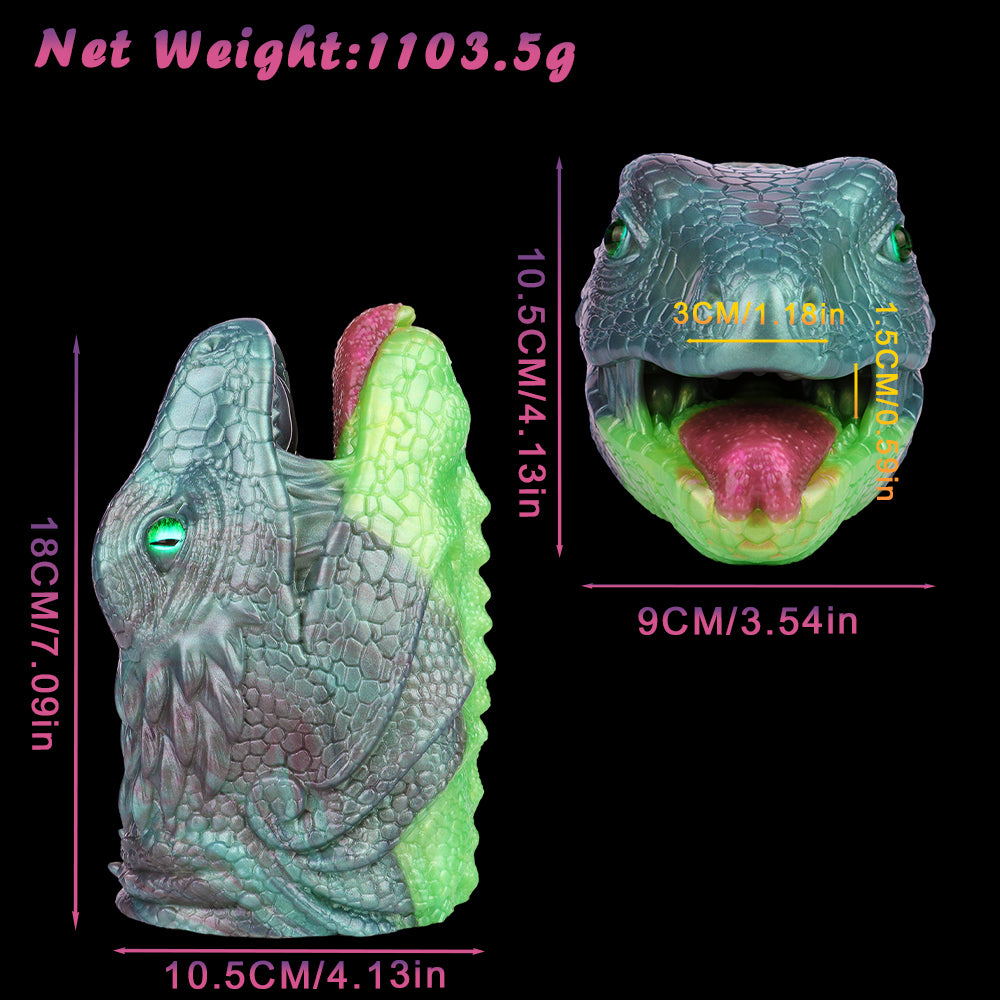 Fantasy dragon Fleshlight shown with size diagram: open mouth, green interior, blue head
