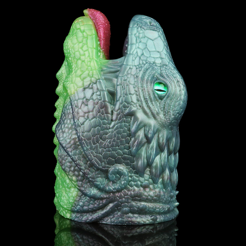 Dragon Fleshlight side view, raised ridges and green-rim opening with pink tip
