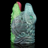 Dragon Fleshlight side view, raised ridges and green-rim opening with pink tip