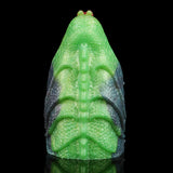 Dragon Fleshlight back view with bright green body and blue textured wings