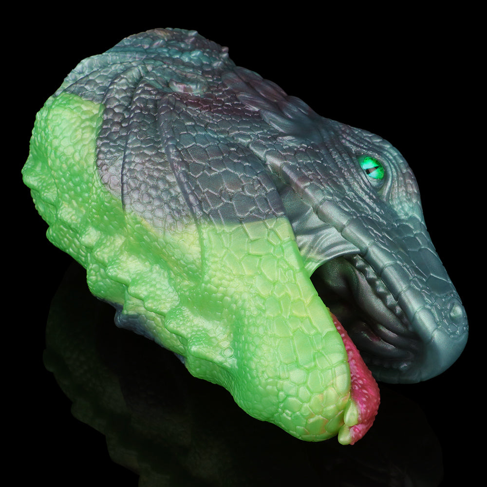 Dragon Fleshlight angled view, blue head and green tube with pink tip at opening