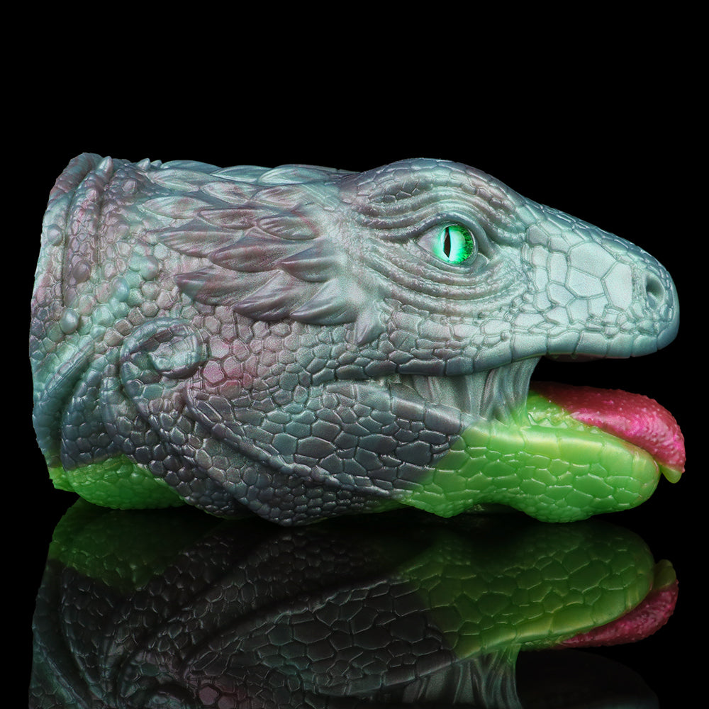 Dragon Fleshlight in profile with glowing eye, green base and open mouth with pink interior