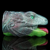 Dragon Fleshlight in profile with glowing eye, green base and open mouth with pink interior