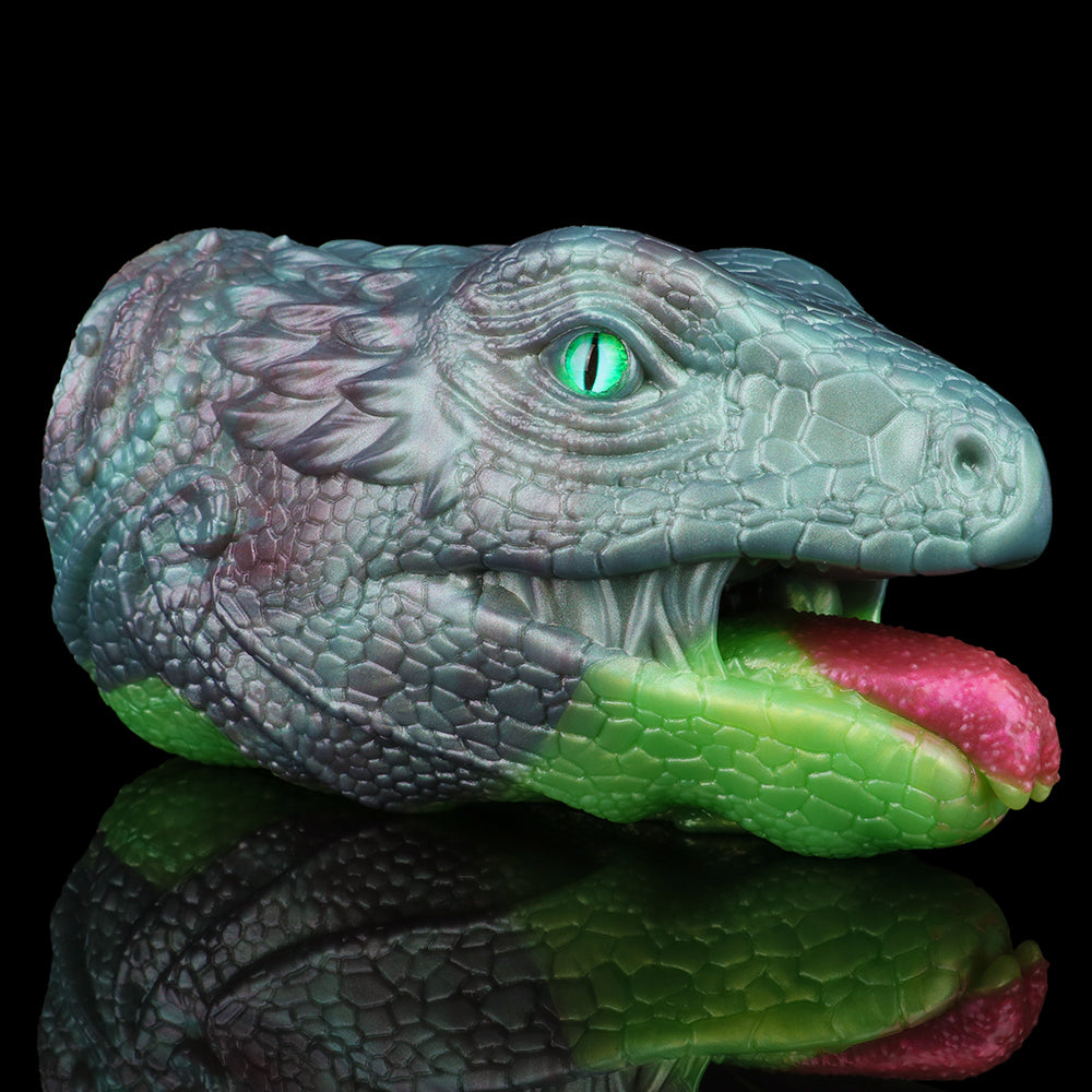 Dragon creature fleshlight with single opening, teal head and green tongue