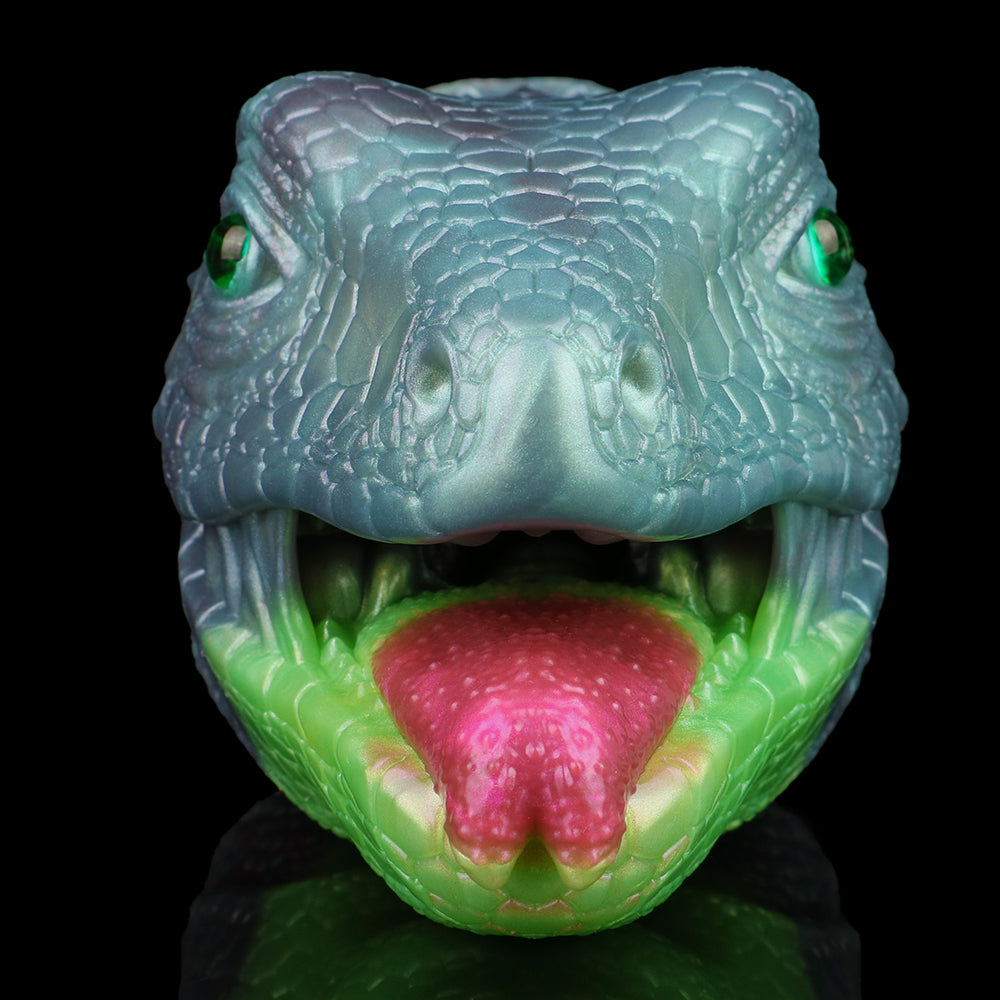 Dragon Fleshlight front view, textured blue-green head with green rim and pink interior