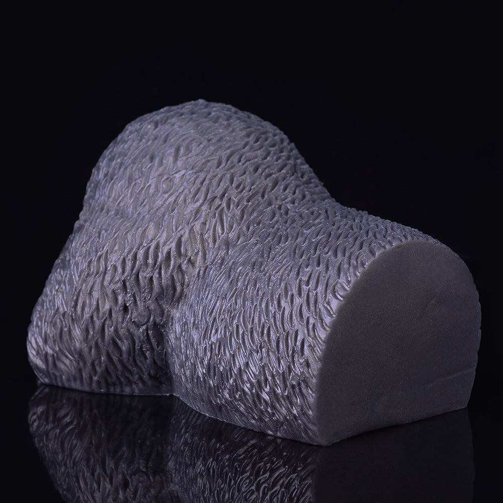 Back view of textured animal-shaped dual-hole masturbator, dark gray