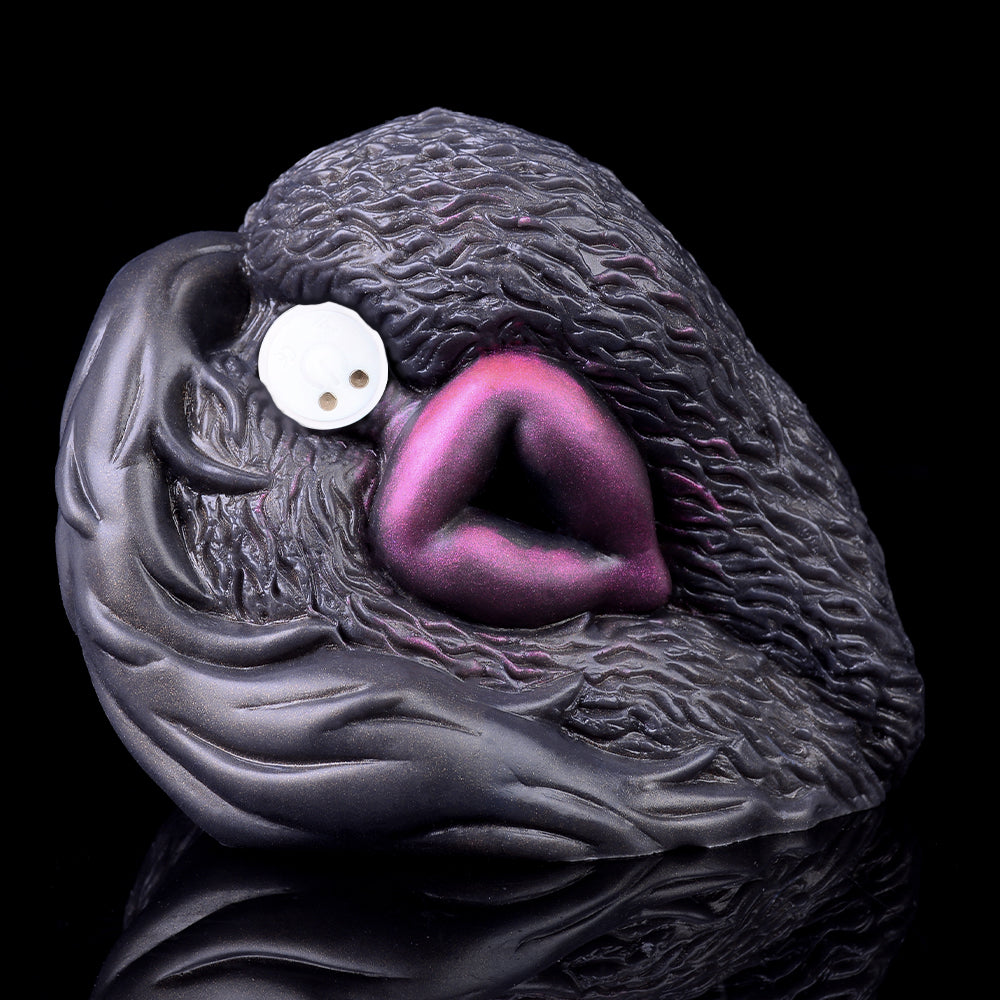 Dual-hole animal masturbator head with white control port, dark gray textured