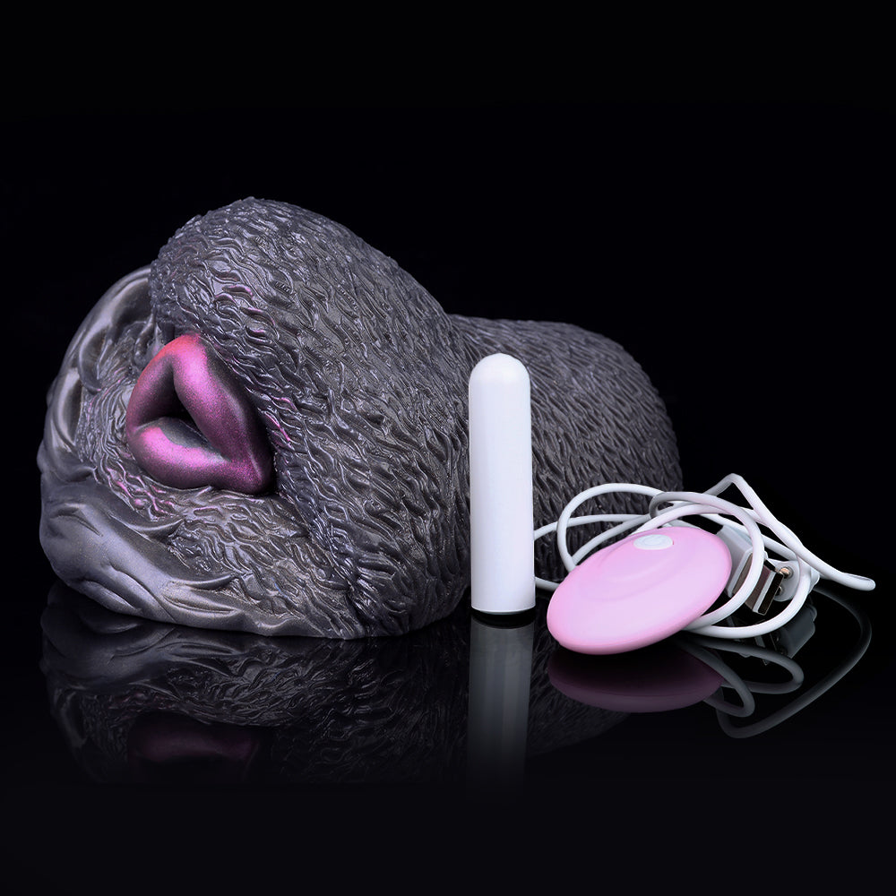 Animal-shaped dual-hole vibrator with handheld controller, dark gray and purple insert