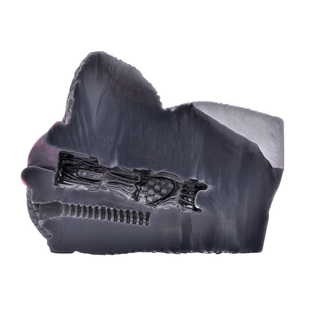 Dark dual-hole vibrating masturbator with animalistic embossed detail and ridged grip