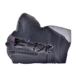 Dark dual-hole vibrating masturbator with animalistic embossed detail and ridged grip