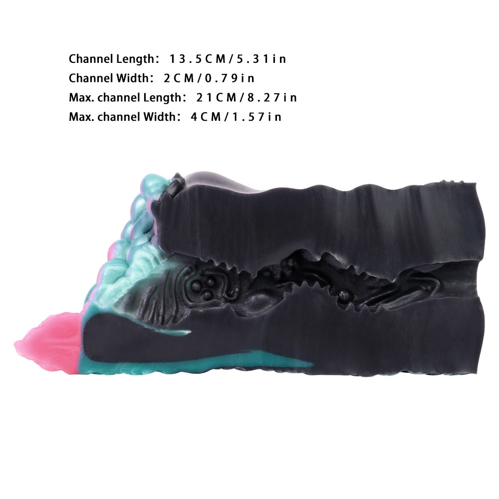 Alien stroker with dark ridged sleeve, teal textured body and pink bulb end