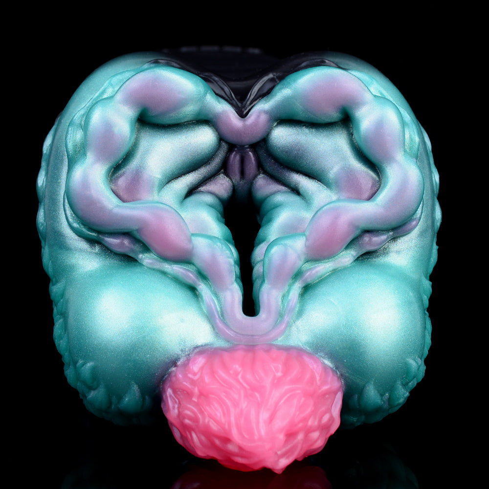 Teal alien creature stroker front view with pink bulb end and inner tentacle details