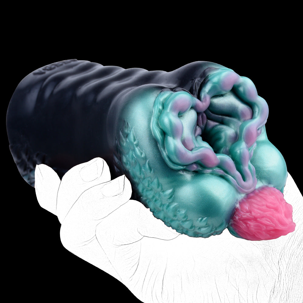 Teal alien stroker with black ridged texture and pink bulb end, side view