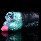 Alien Fleshlight close side view with teal ridges and pink end tip