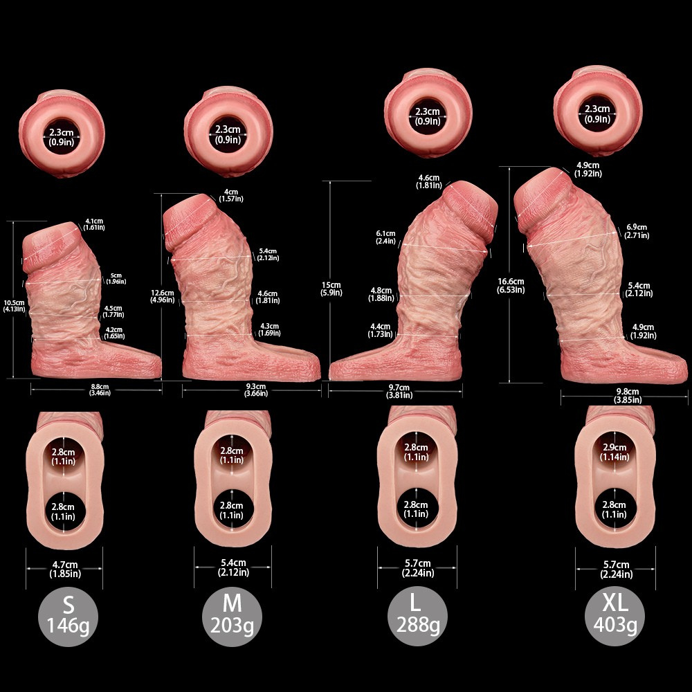 Size guide for penis extender sleeve: S, M, XL dimensions shown