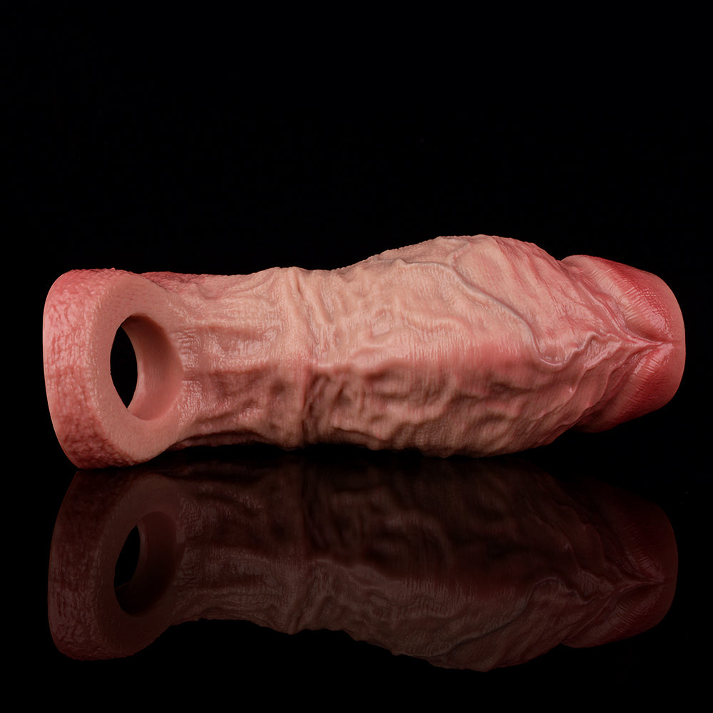 Realistic penis extender sleeve side view, open end and raised textured body