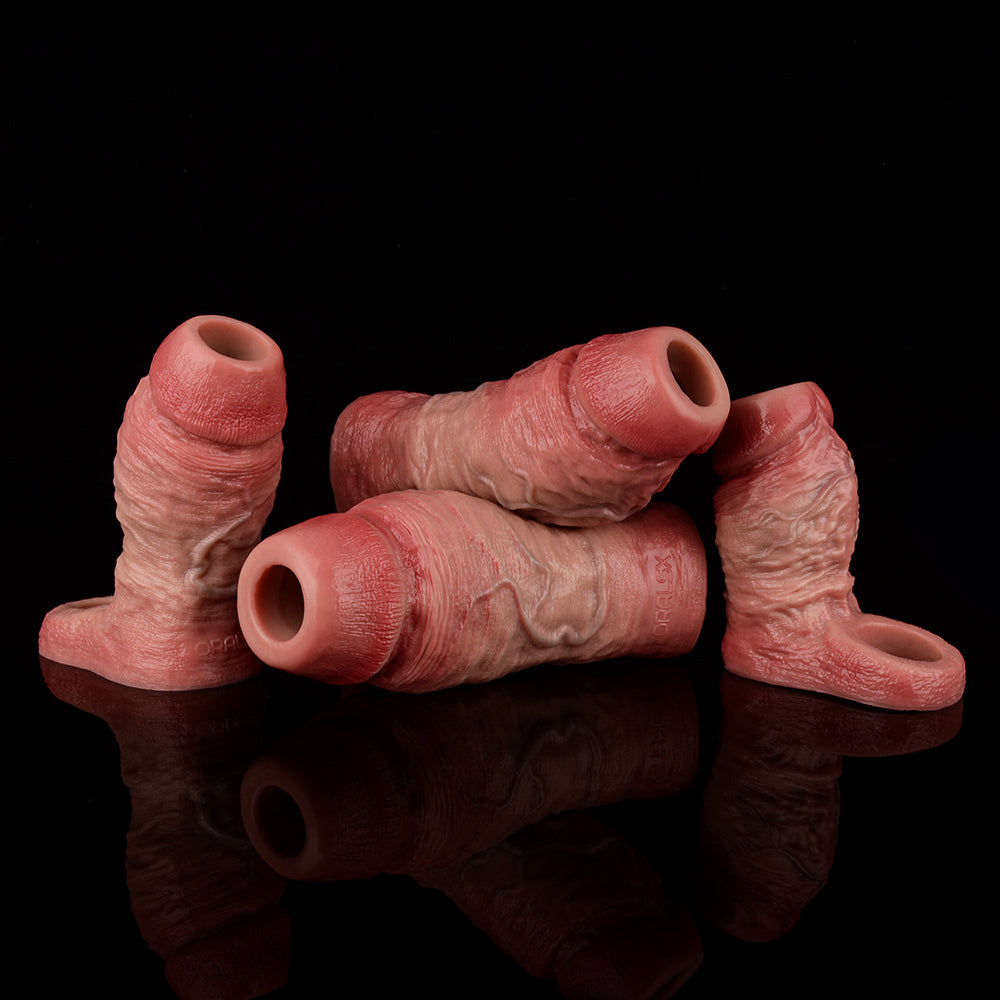 Realistic penis sleeves with open ends, varied sizes arranged