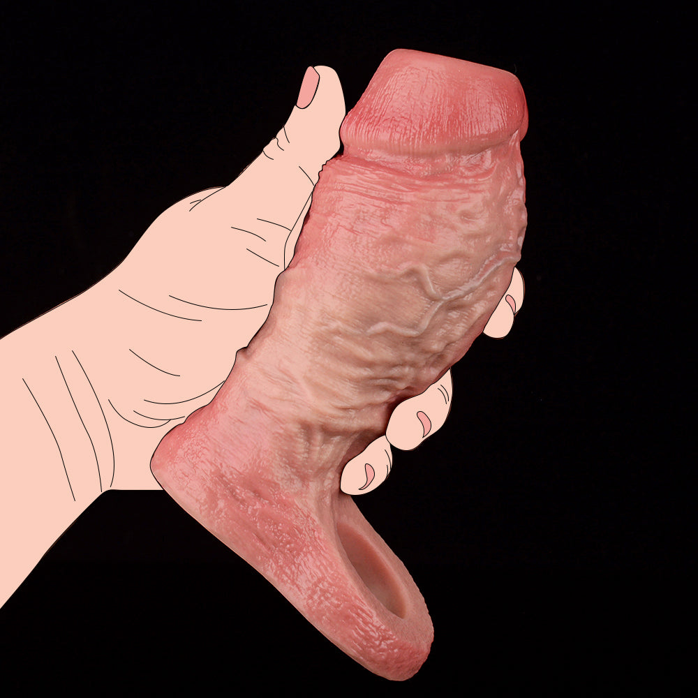 Realistic penis sleeve, pink textured surface with rounded tip