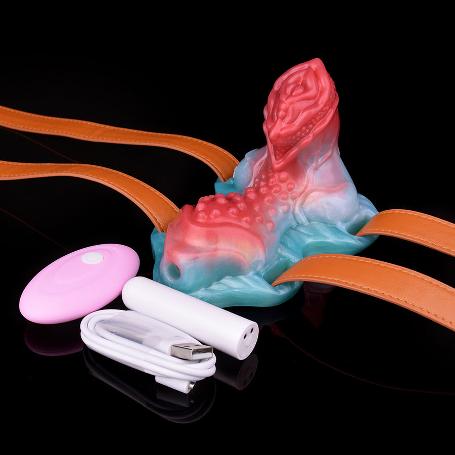 Vibrating sex toy set with brown strap, red/light-blue toy plus pink remote.