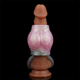 Rosa Cockring mit Wolf-Design, geknotete Silikonform und Strapon-Anschluss