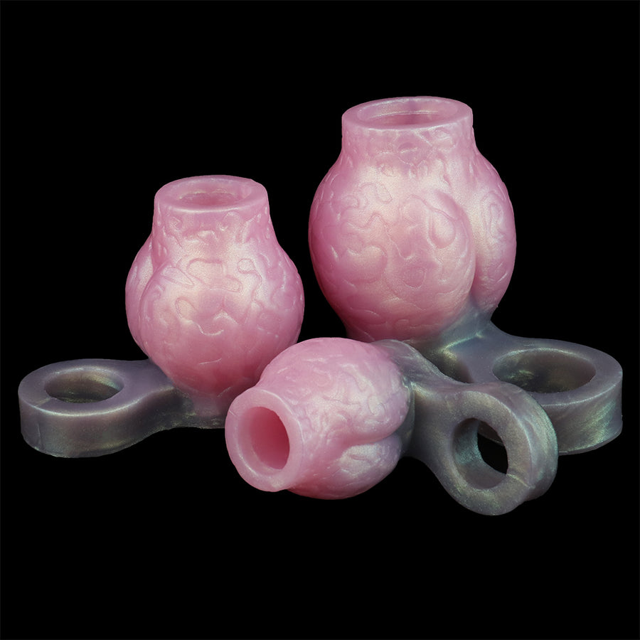 Pink knot-pattern cock ring set with three pieces and gray base rings
