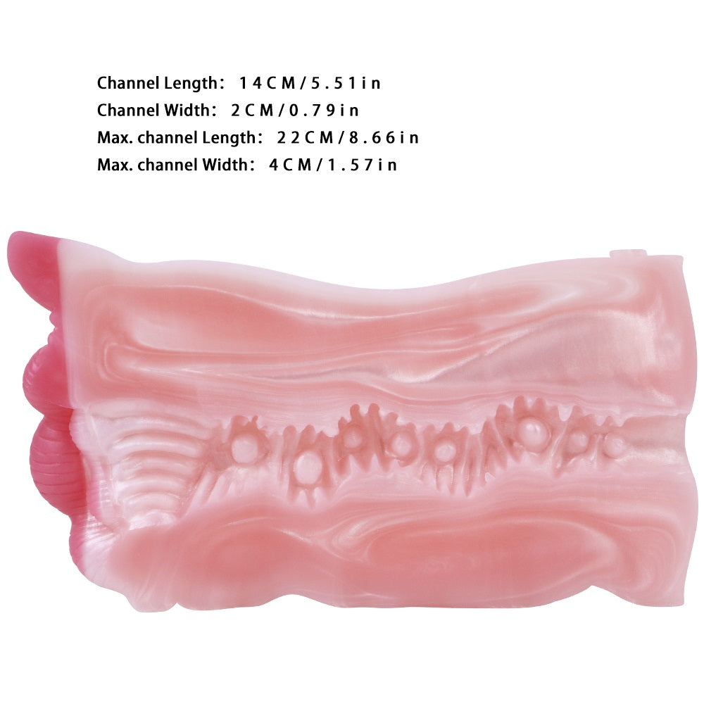 Pocket masturbator cross-section with inner ridges and raised textured pattern