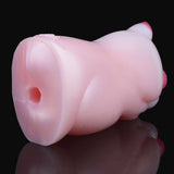 Pocket masturbator shown from side with beige base and pink wombat ridged detail