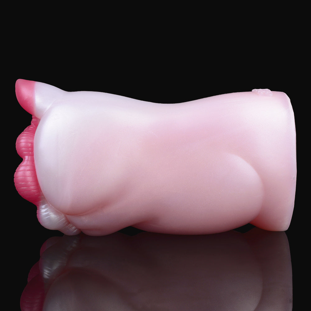 Pink pocket fleshlight with ridged rim and curved opening