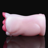 Pink pocket fleshlight with ridged rim and curved opening