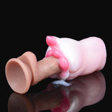 Pocket masturbator with open end and pink ridged wombat detail, side view