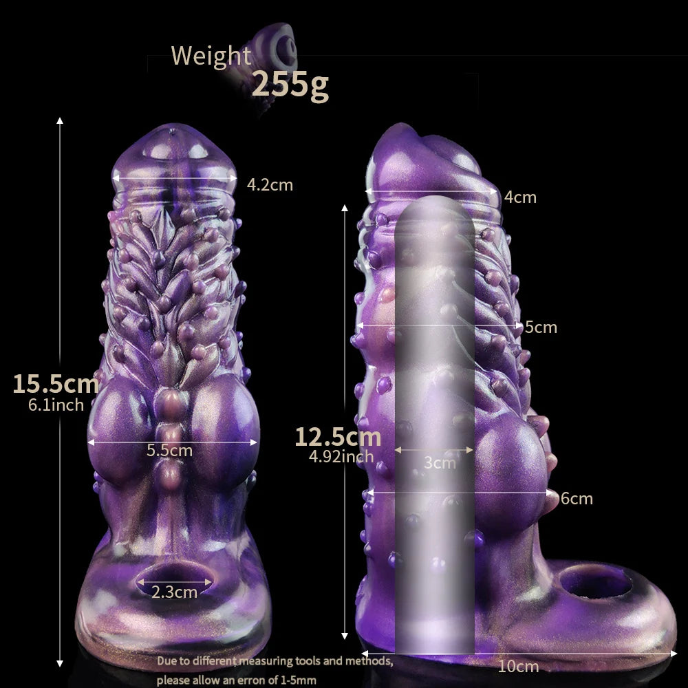 Purple dragon ribbed sheath extender, size and weight diagram, textured design