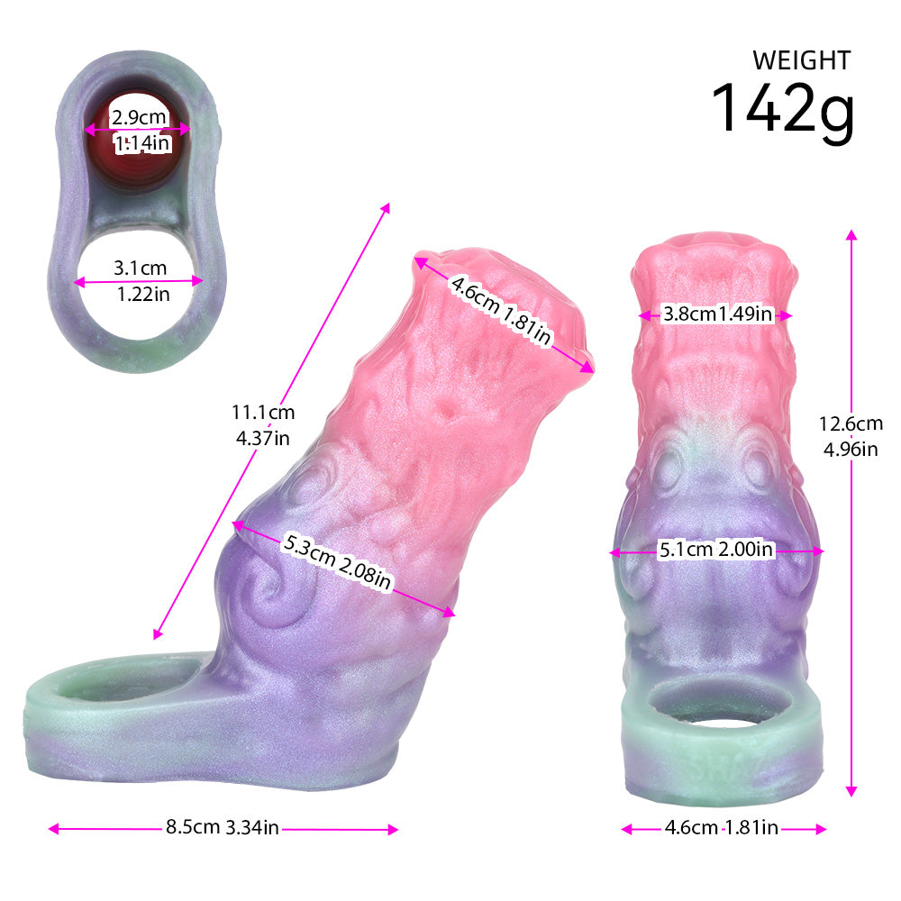 Alien Sleeve Abmessungen-Übersicht: Länge und Breite mit Zahlen, Farbverlauf rosa-lila-mint