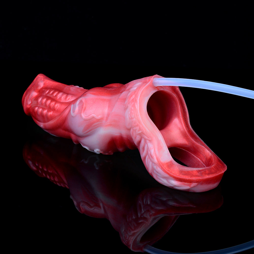 Dragon knot sheath close-up, red and translucent; open end with attached tube