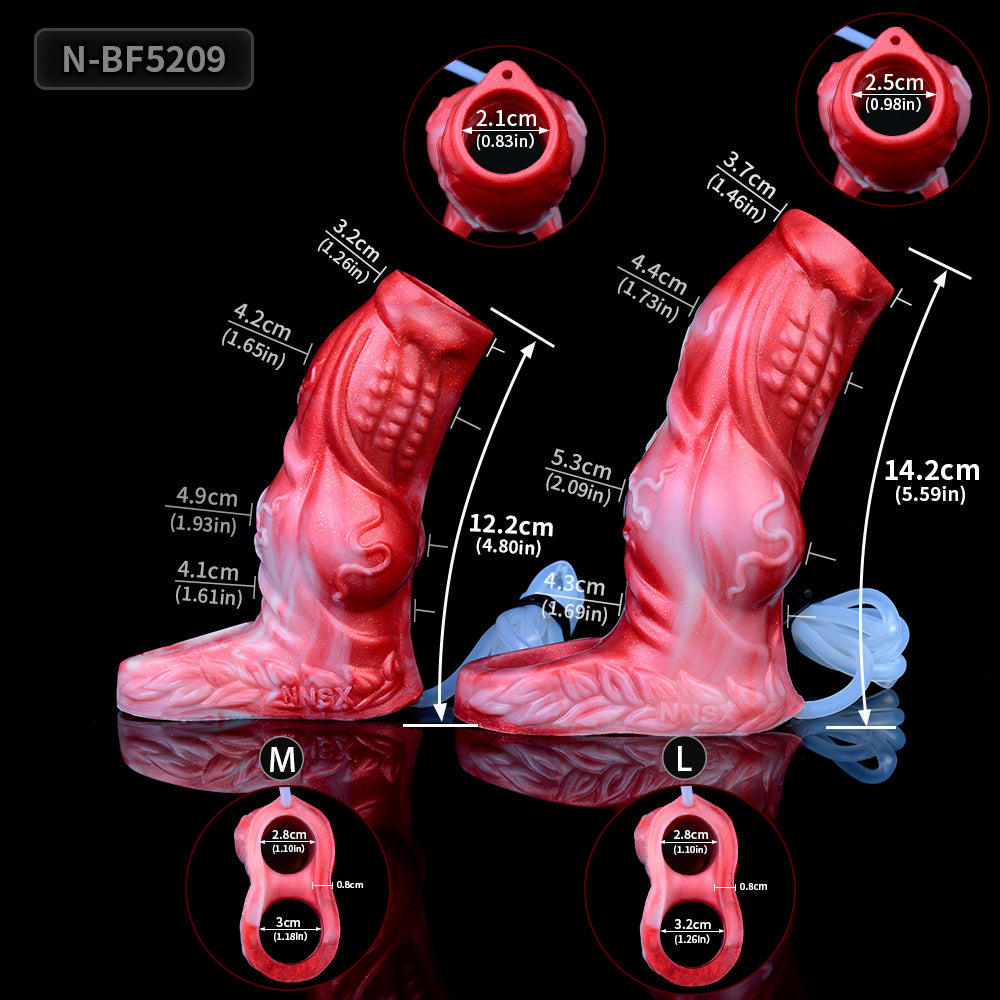 Dragon knot sheath size chart showing M and L measurements for the red-and-white design