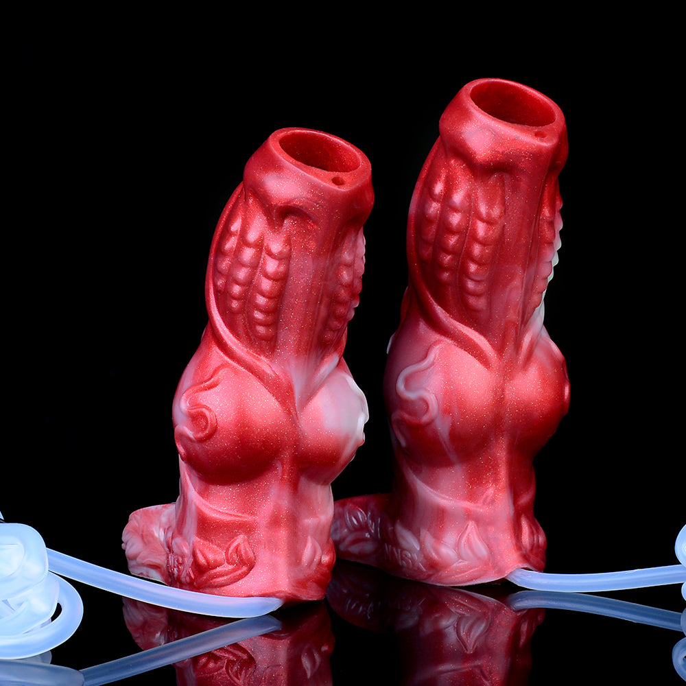 Dragon knot sheath close-up pair, red scaly texture and pale inner openings at the tips