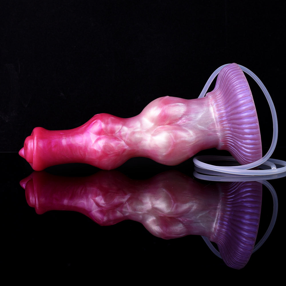 Yaksha Hundedildo mit Doppelknoten und angesetztem Schwanz, pink-lila, Schlauch dran.