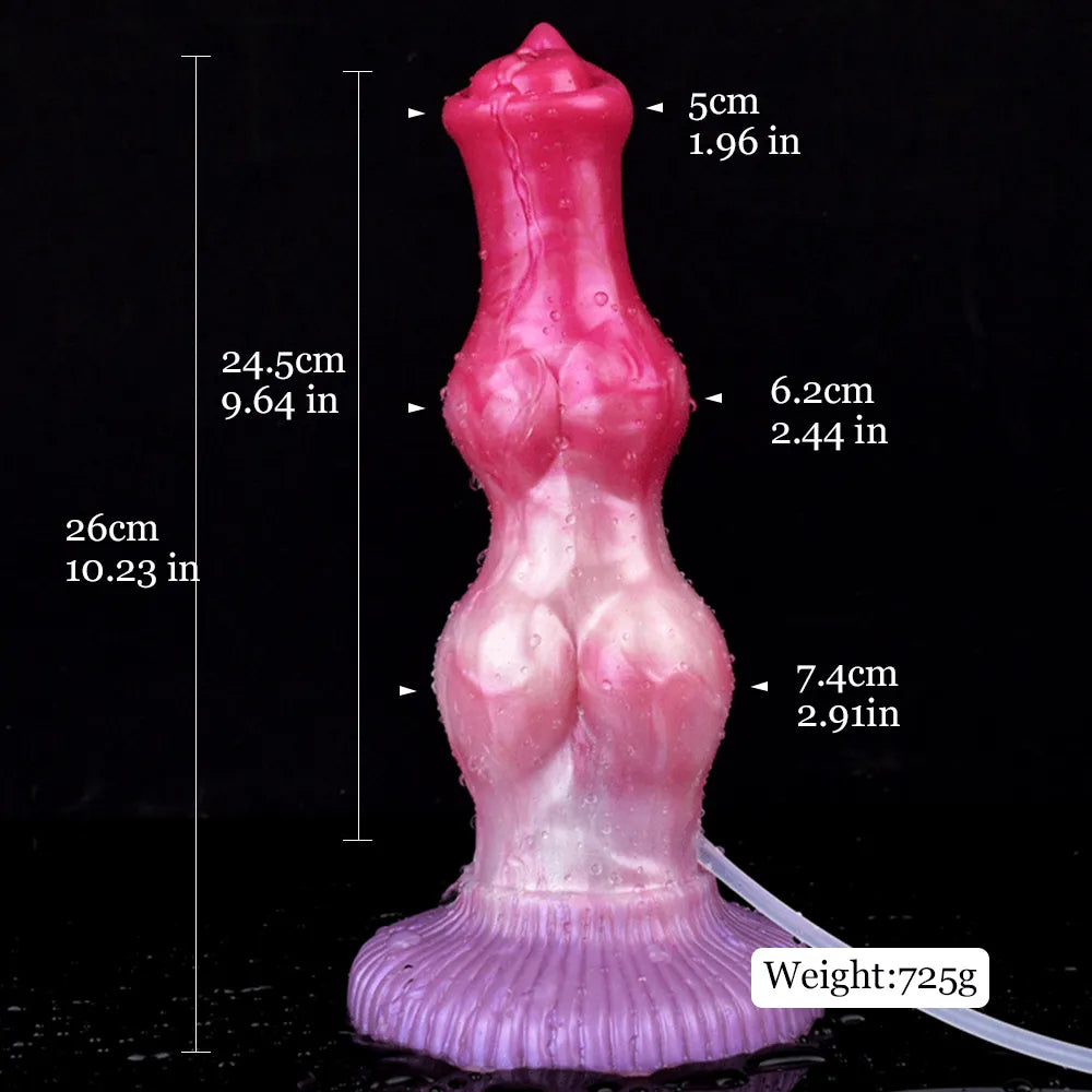 Yaksha Doppelknoten-Hundedildo mit Größenangaben, Gewicht 725 g, pink-lila.