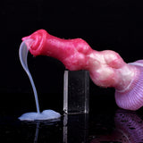 Yaksha Hundedildo mit austretendem Strahl, Doppelknoten, pink-lila, seitlicher Schlauch.
