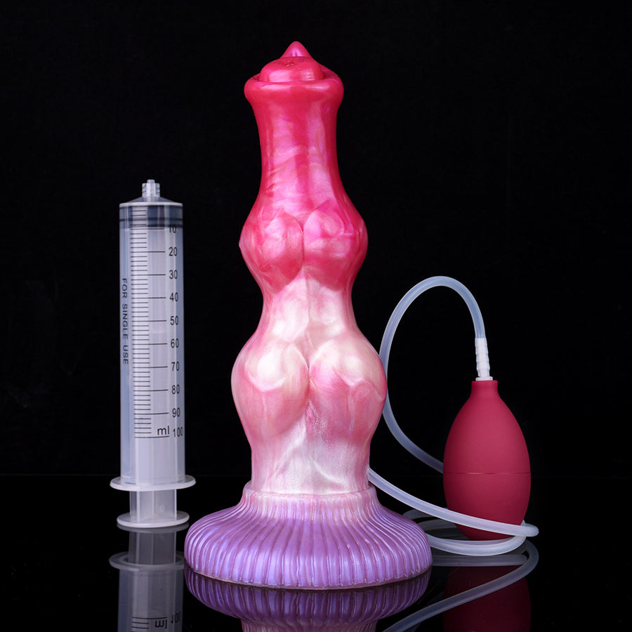 Canine-shaped sex toy with size chart items, light-blue tether, and ridged purple base