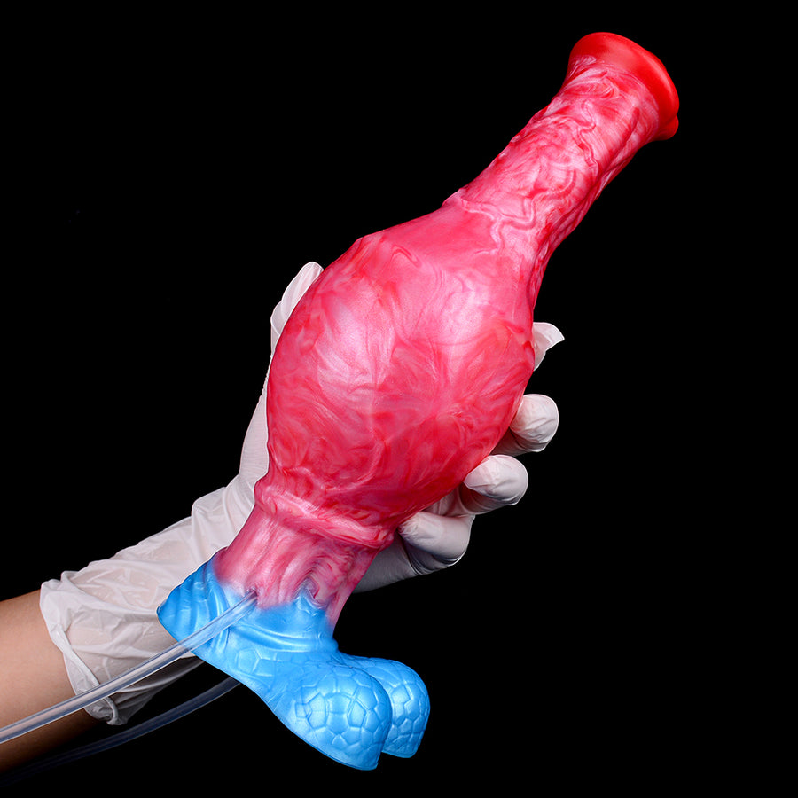 Inflatable horse-shaped sex toy held in hands, pink-red body with blue base and tube.