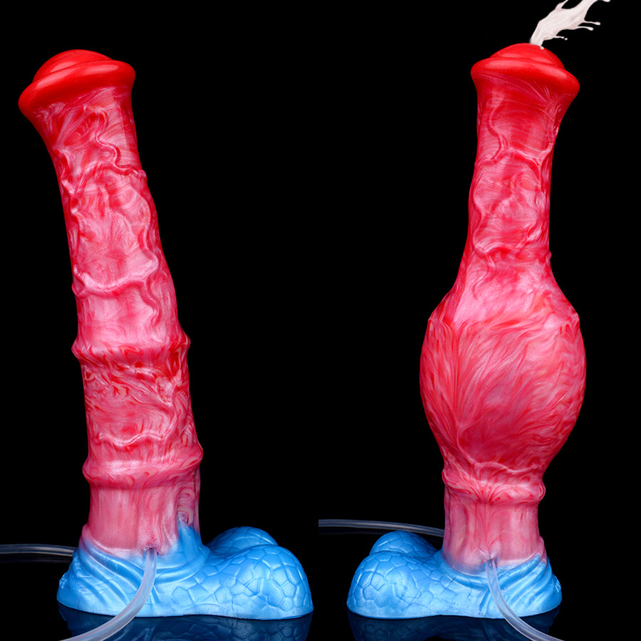 Two upright views of inflatable horse-shaped sex toy, pink-red body and blue base.